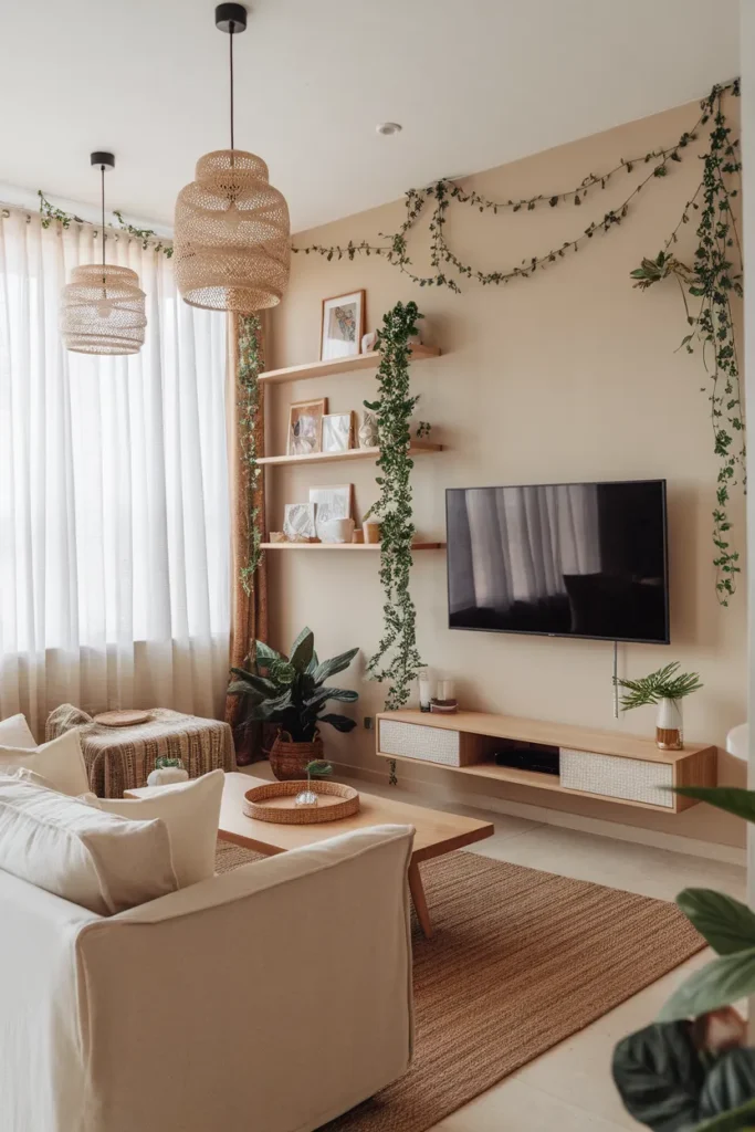 20 Trendy TV Wall Design Ideas to Elevate Your Home Aesthetic Effortlessly 17 TV Wall with Floating Shelves and Greenery