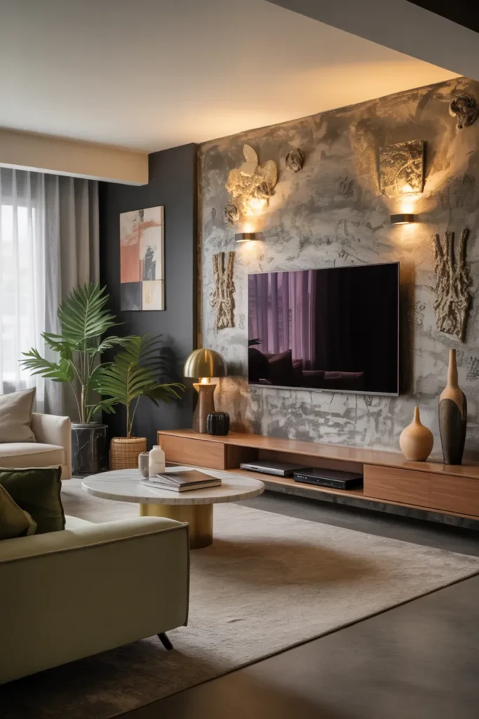 20 Trendy TV Wall Design Ideas to Elevate Your Home Aesthetic Effortlessly 11 Textured Paint TV Wall with Artistic Flair