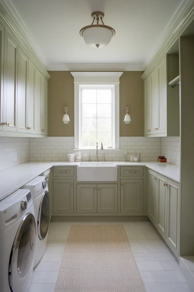 Transitional Green Laundry Design