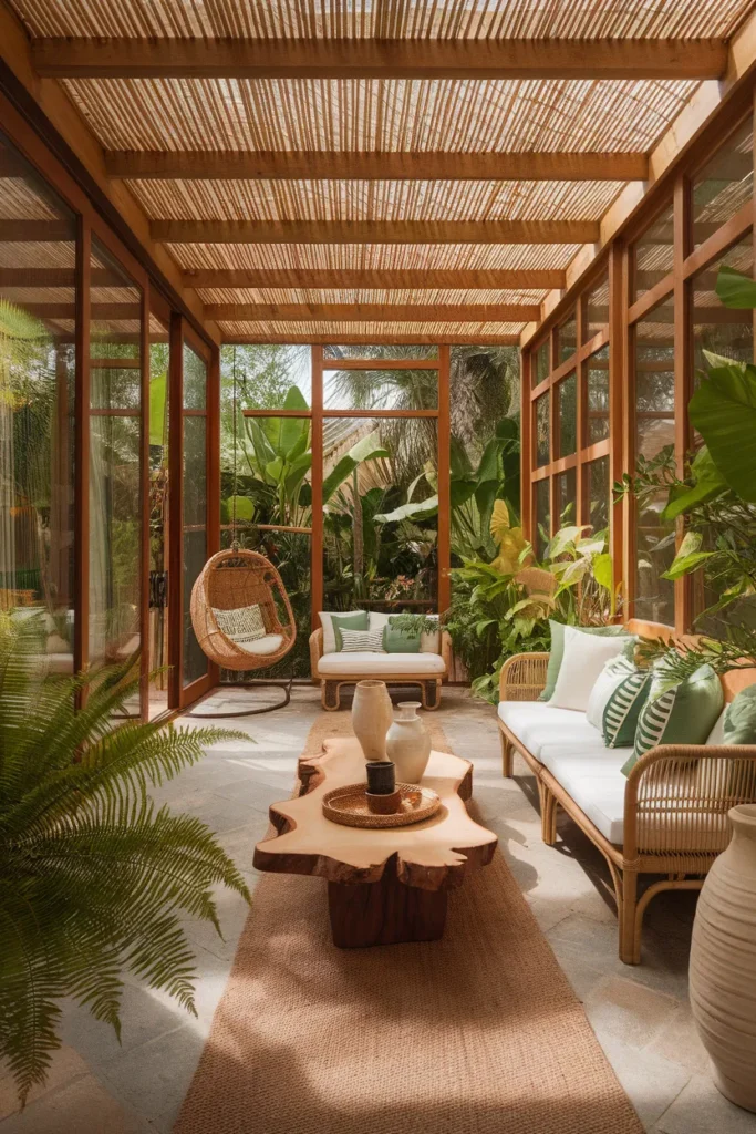 Tropical Escape Sunroom with Lush Greenery and Natural Materials