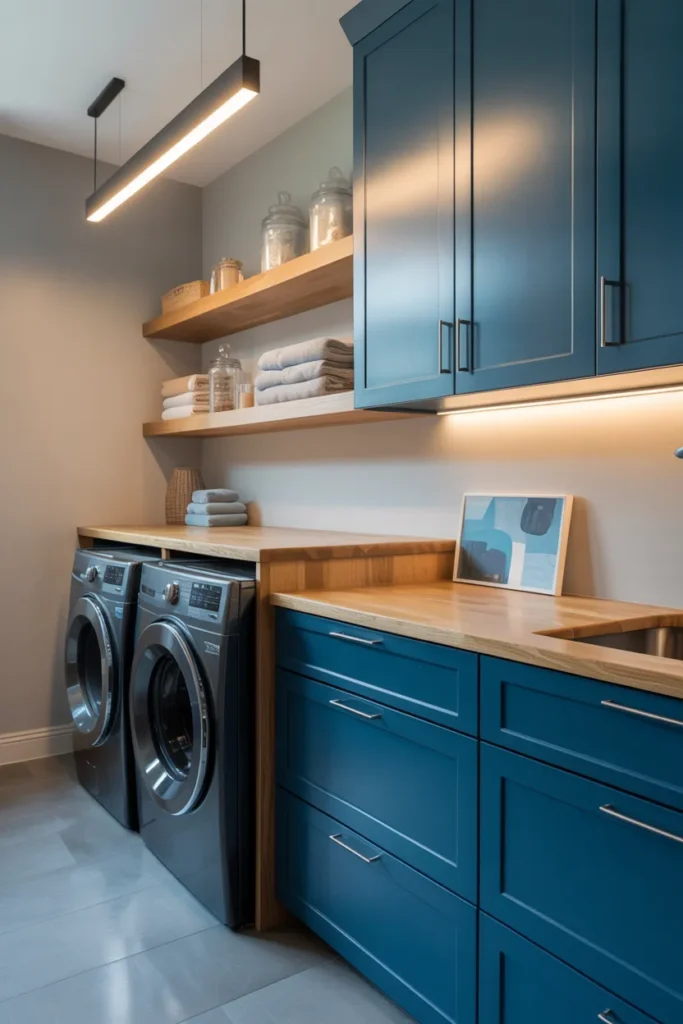 18 Blue Laundry Room Ideas That’ll Make You Fall in Love with Doing Laundry 8 Two Tone Blue Cabinets with Light Oak Touches