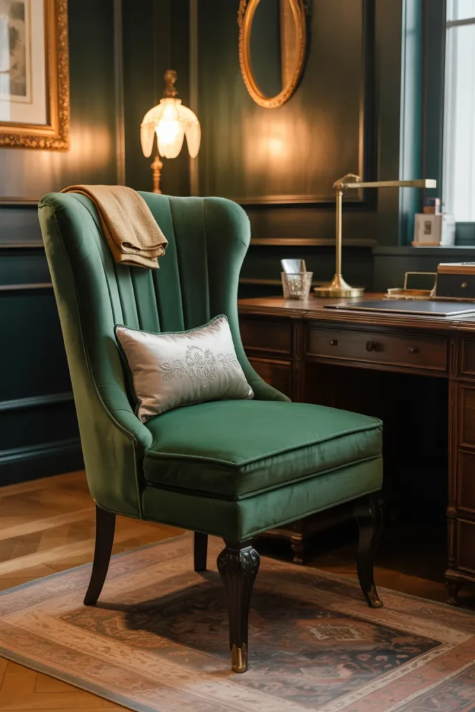 25 Vintage Home Office Ideas That Turn Work Into a Timeless Experience 8 Velvet Desk Chair with Curves