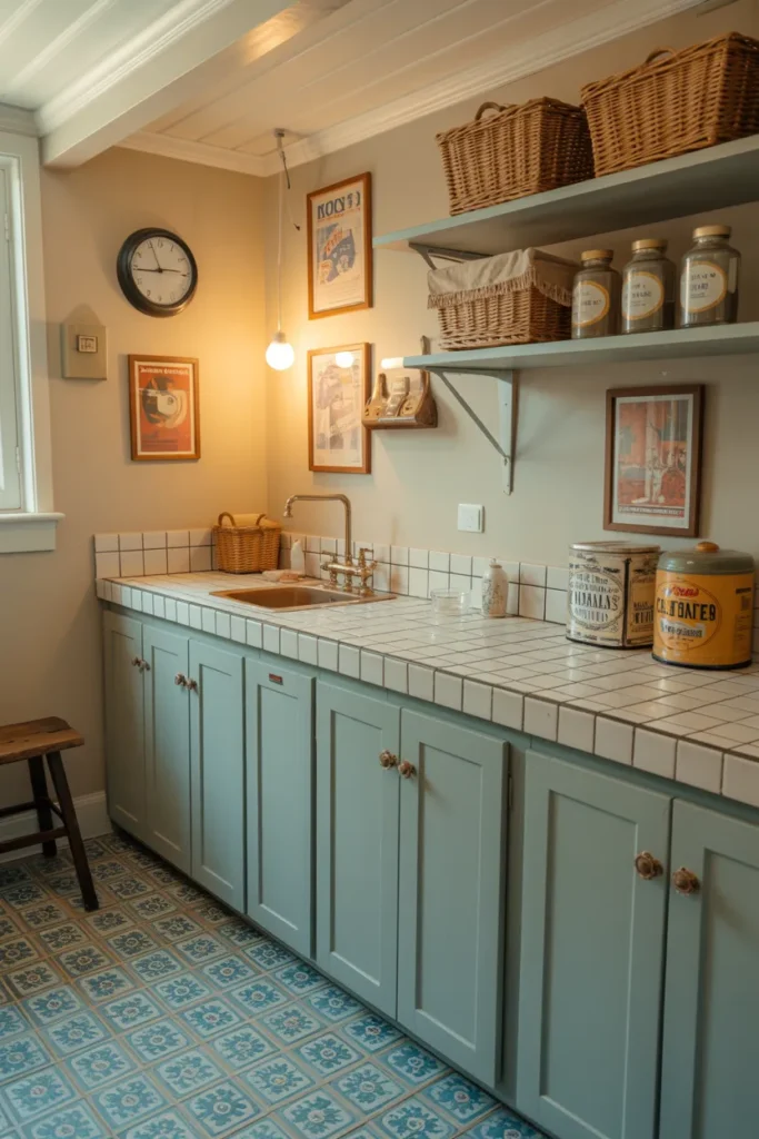 18 Blue Laundry Room Ideas That’ll Make You Fall in Love with Doing Laundry 9 Vintage Blue Charm with Patterned Floors