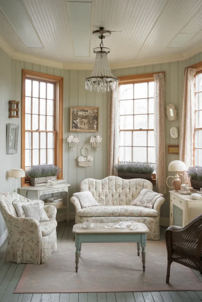 Vintage Cottage Sunroom with Soft Florals and Antiques