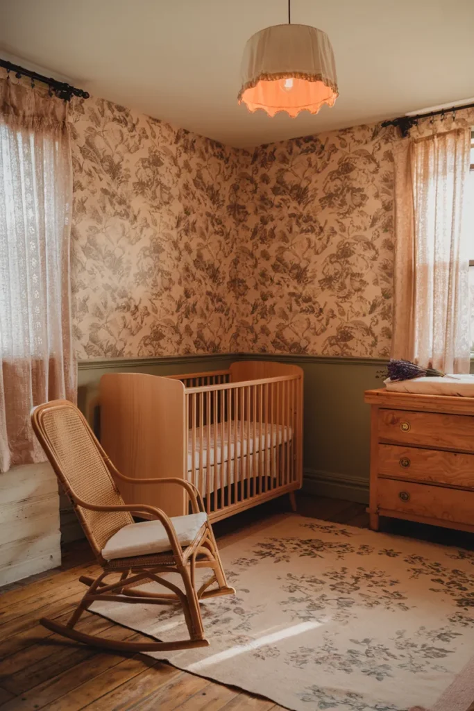 Vintage Floral Wallpaper With Warm Wood Furniture