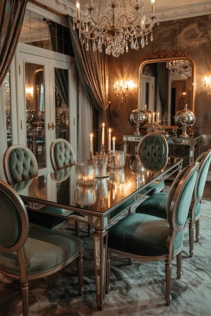 20 Vintage Dining Room Ideas That Bring Timeless Charm to Your Home 14 Vintage Glam Dining with Crystal and Velvet