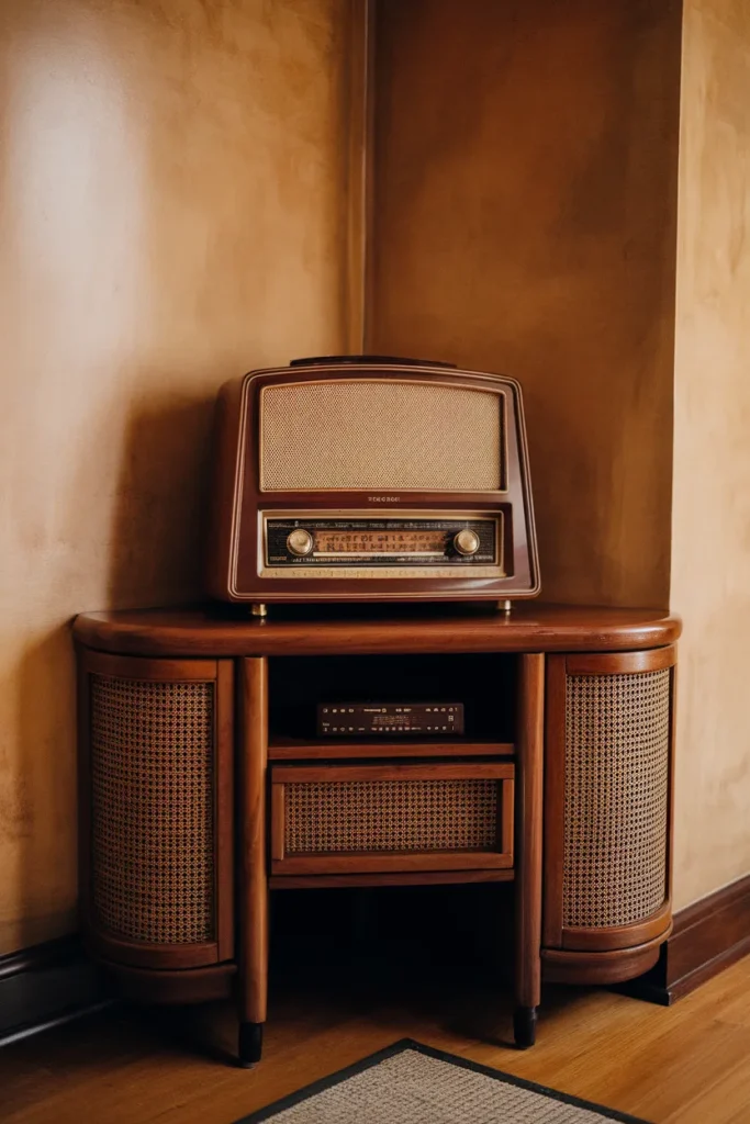 25 Vintage Home Office Ideas That Turn Work Into a Timeless Experience 14 Vintage Radio or Gramophone