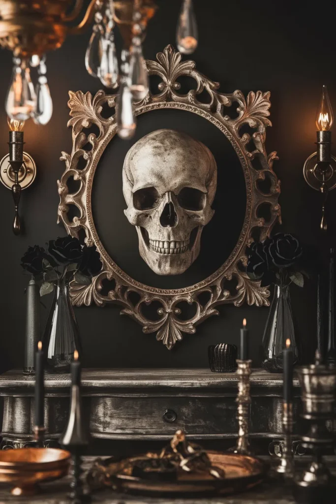 15 Gothic Wall Art Ideas That Turn Dark Spaces Into Dramatic Masterpieces 2 Vintage Skull Portraits with Ornate Frames