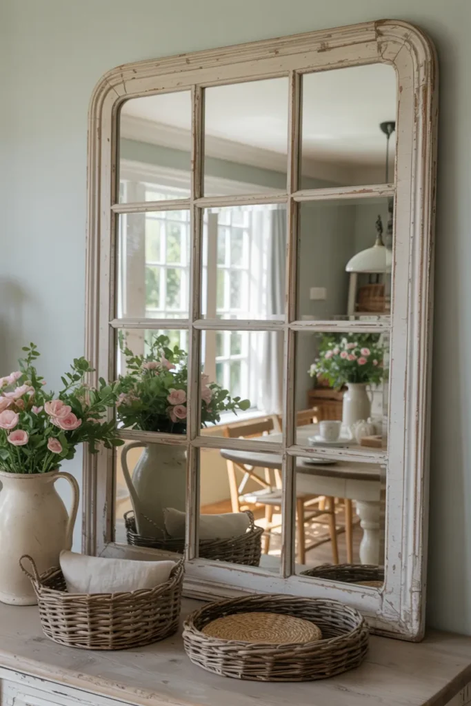 Vintage Mirrors Ideas That Transform Empty Walls Into Pure Magic 11 Vintage Windowpane Mirror for Cottage Charm