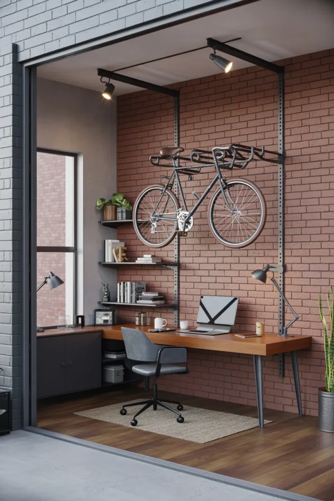 30 Modern Industrial Home Office Ideas That Redefine Style and Productivity 31 Wall-Mounted Bike Rack With Industrial Finish