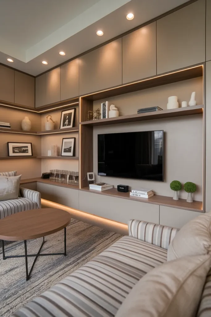 20 Trendy TV Wall Design Ideas to Elevate Your Home Aesthetic Effortlessly 8 Wall-Mounted Cabinet TV Unit with Floating Shelves