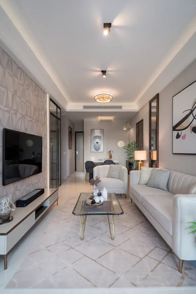 20 Trendy TV Wall Design Ideas to Elevate Your Home Aesthetic Effortlessly 9 Wallpaper TV Wall with Geometric Patterns