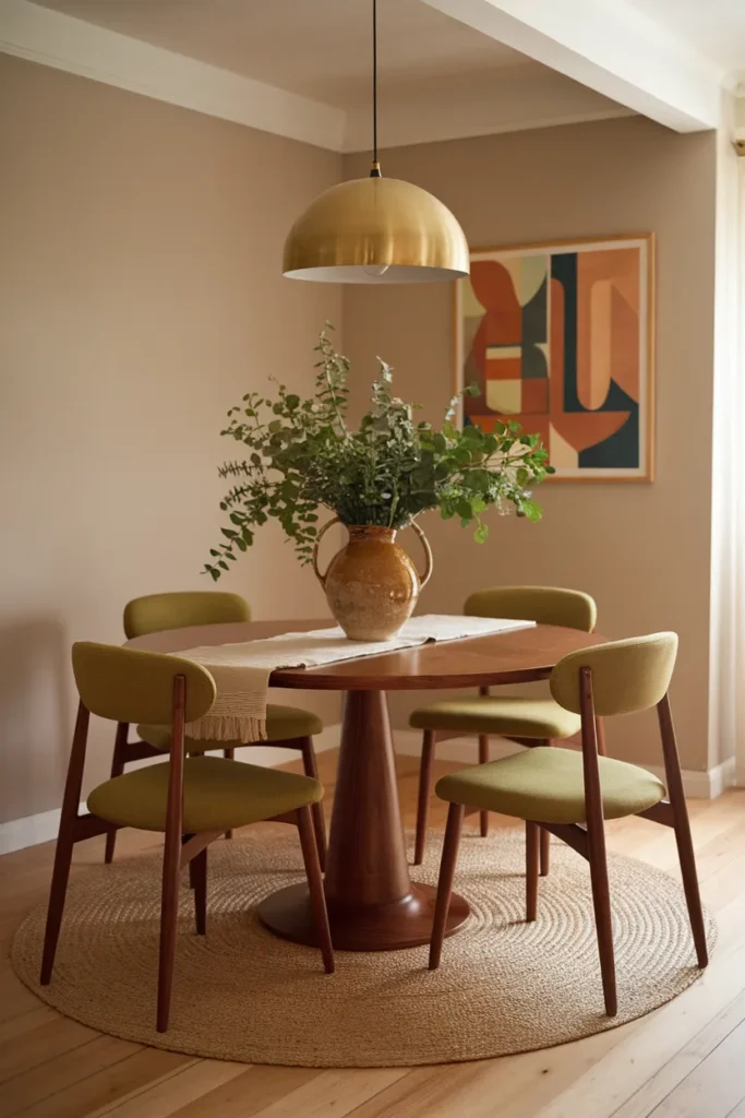 Warm Walnut Pedestal Table for a Cozy Mid Century Dining Room