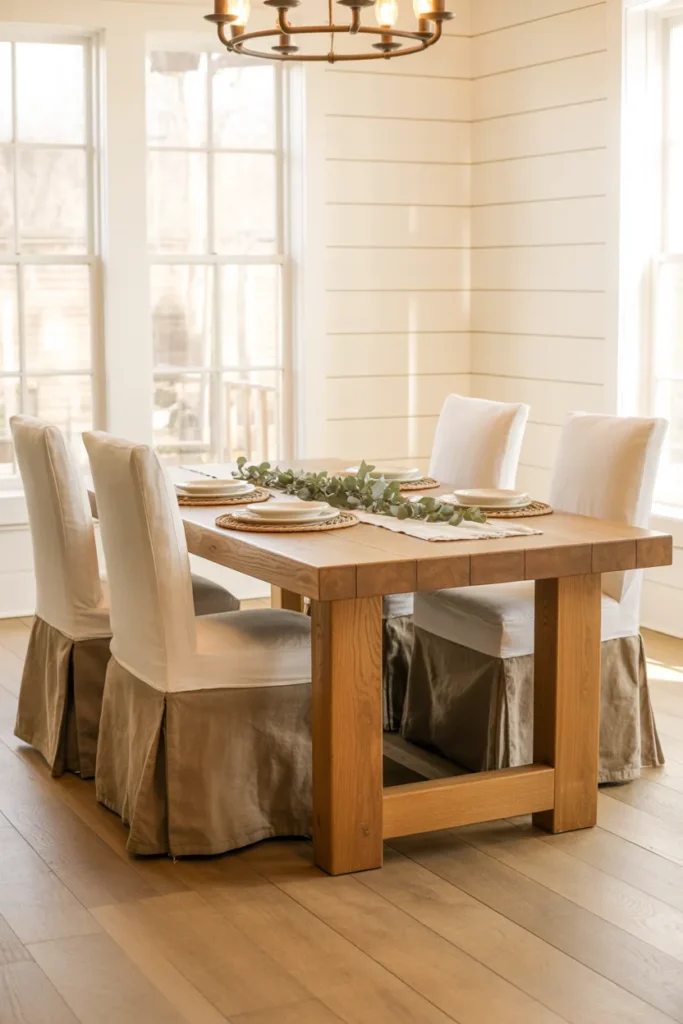 Welcoming Rustic Wood Table With Linen Chairs