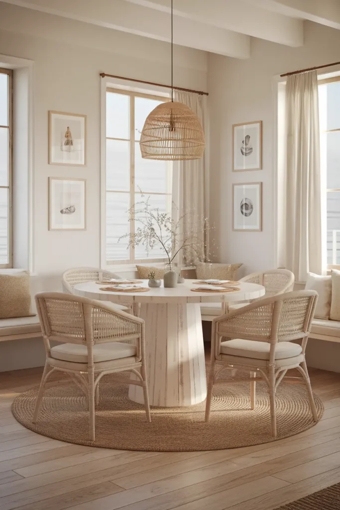 30 Coastal Dining Room Ideas That Bring the Beach Straight Into Your Home 16 White And Wicker Coastal Harmony