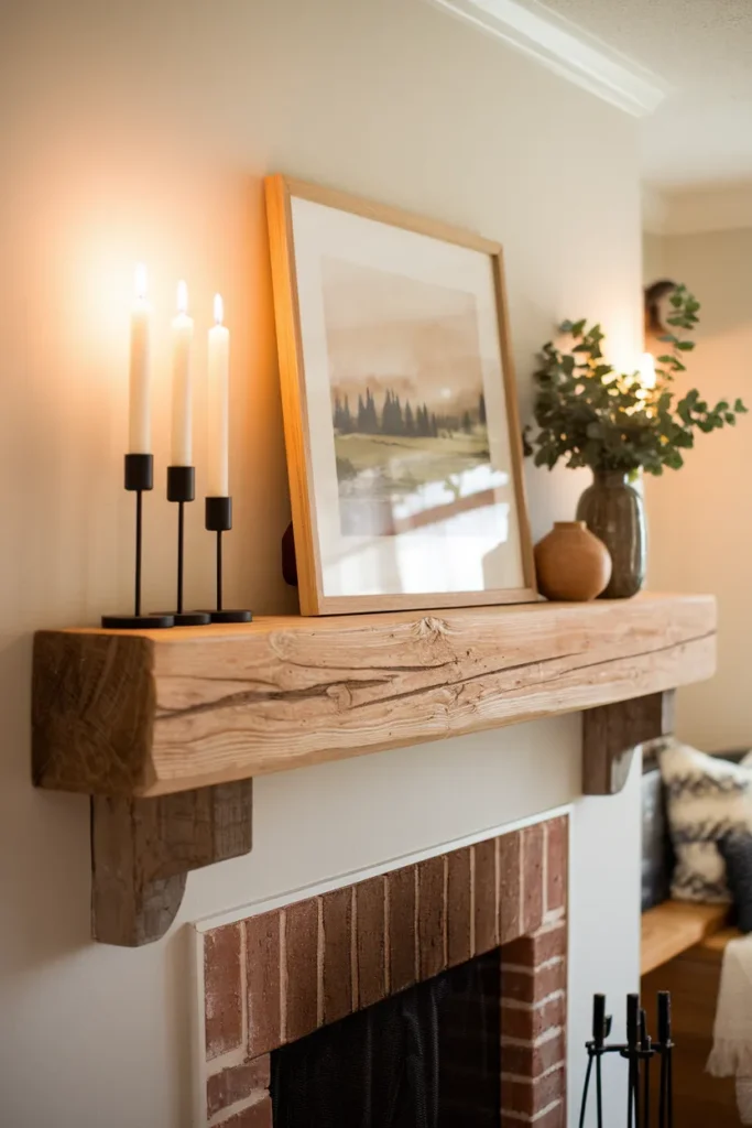 Wooden Beam Mantel Wall Feature