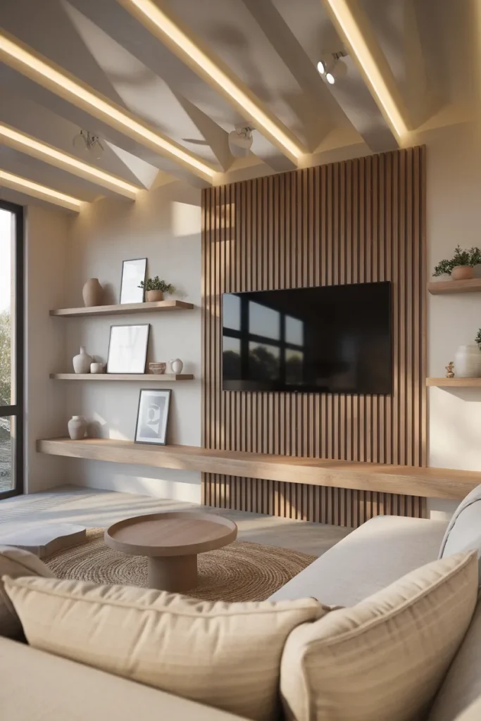 20 Trendy TV Wall Design Ideas to Elevate Your Home Aesthetic Effortlessly 3 Wooden Slat TV Wall for a Cozy Texture