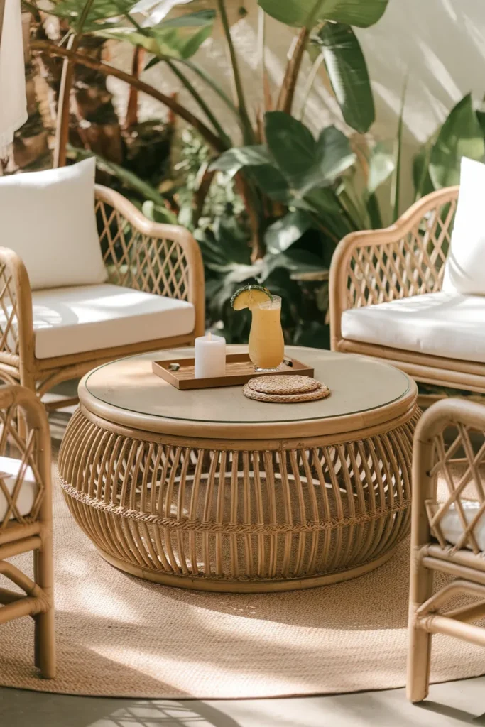 17 Easy Outdoor Coffee Table Projects You Can Build This Weekend 11 Woven Rattan-Style Coffee Table