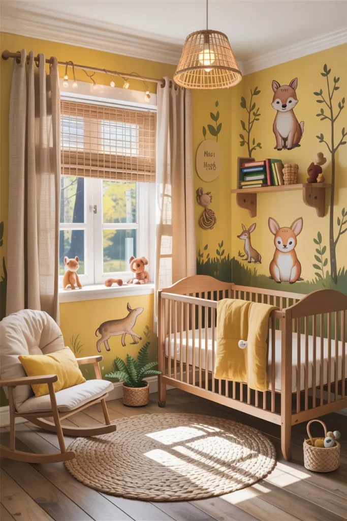 Soft, Bright, and Beautiful: Trending Yellow Nursery Ideas You’ll Fall in Love With 5 Yellow Woodland Theme With Soft Illustrations