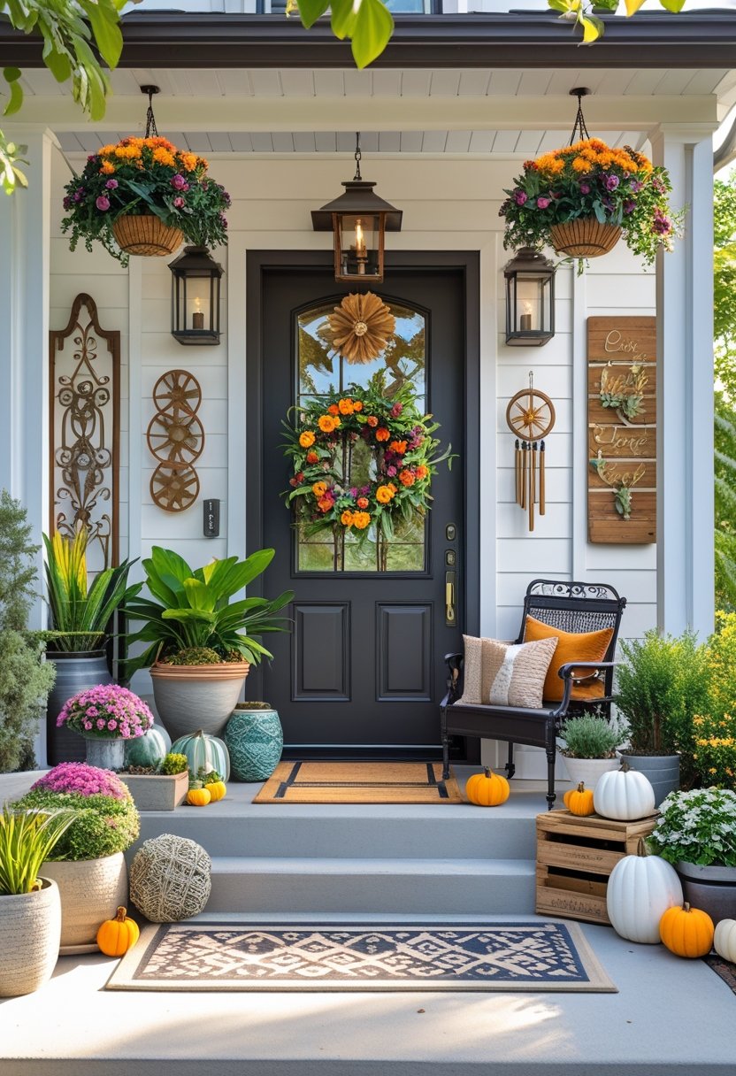 An outdoor entryway decorated with various plants, lanterns, seating, and decorative items around a front door.