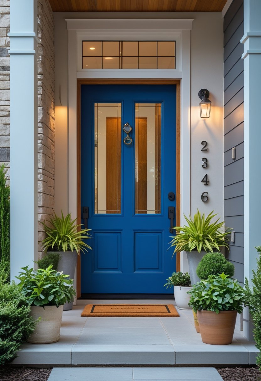 A bold painted front door with outdoor plants and decor in a well-lit entryway.