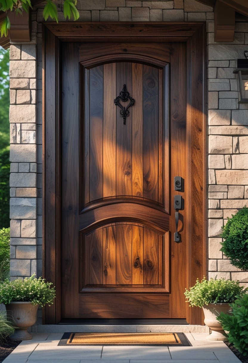 A richly stained wooden door set in an outdoor entryway with surrounding plants and a welcome mat.
