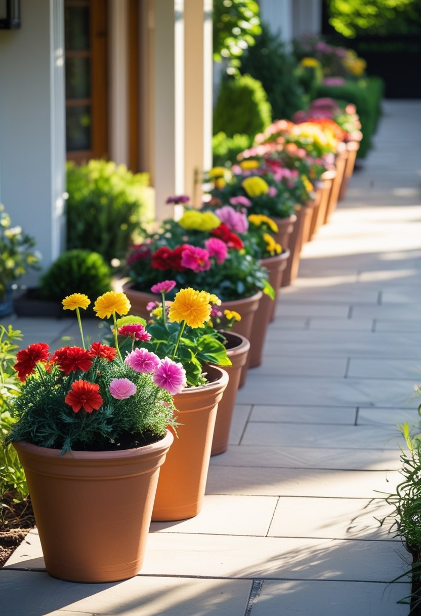 Twenty terracotta planters with colorful flowers arranged along an outdoor entryway with a stone path and a front door in the background.