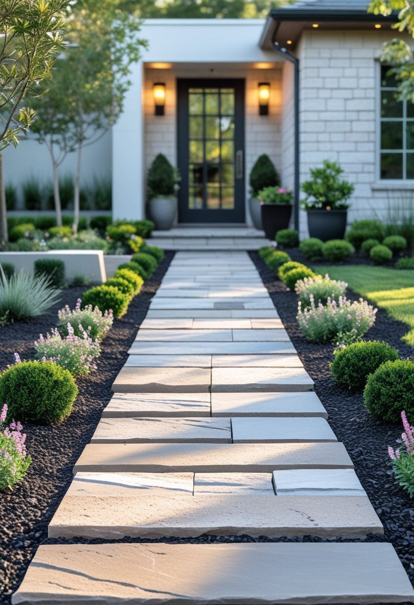 Stone pathway leading through plants to a front door entrance.