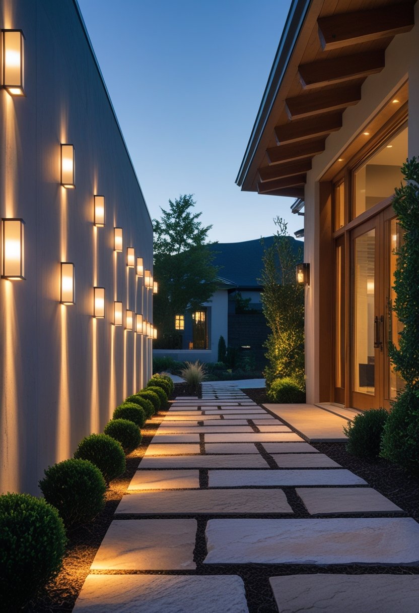 An outdoor entryway with multiple wall sconces lighting a stone pathway beside a wooden front door and greenery.