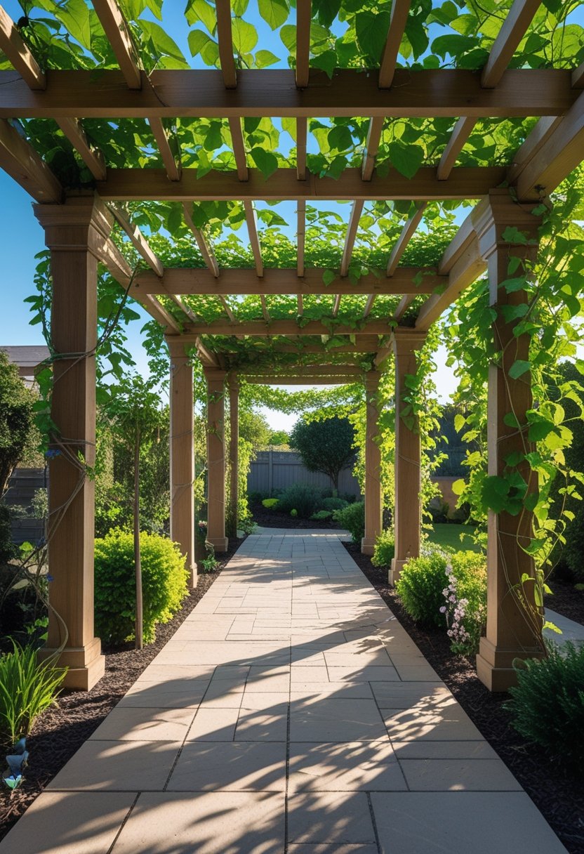 Outdoor entryway with a wooden pergola covered in green climbing vines over a stone pathway.