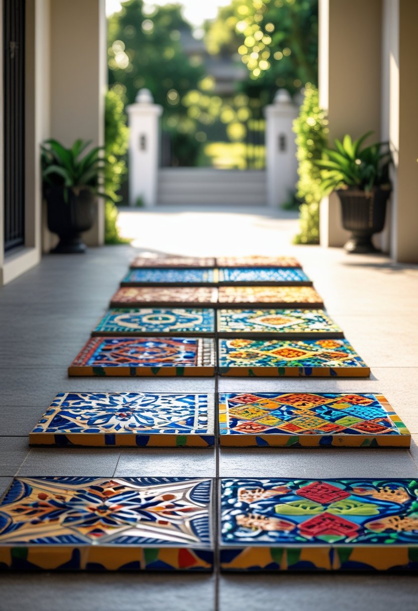 Outdoor entryway with twenty colorful patterned step tiles arranged on the ground surrounded by greenery.