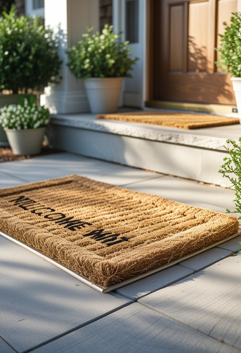 A natural fiber welcome mat on an outdoor doorstep with plants nearby and a front door in the background.