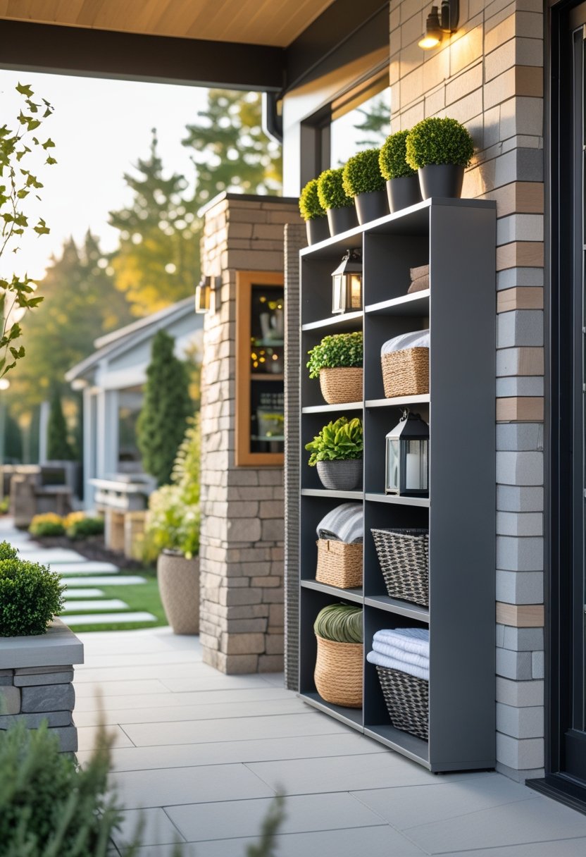 Outdoor entryway with vertical shelving holding plants and decorative items next to a front door.