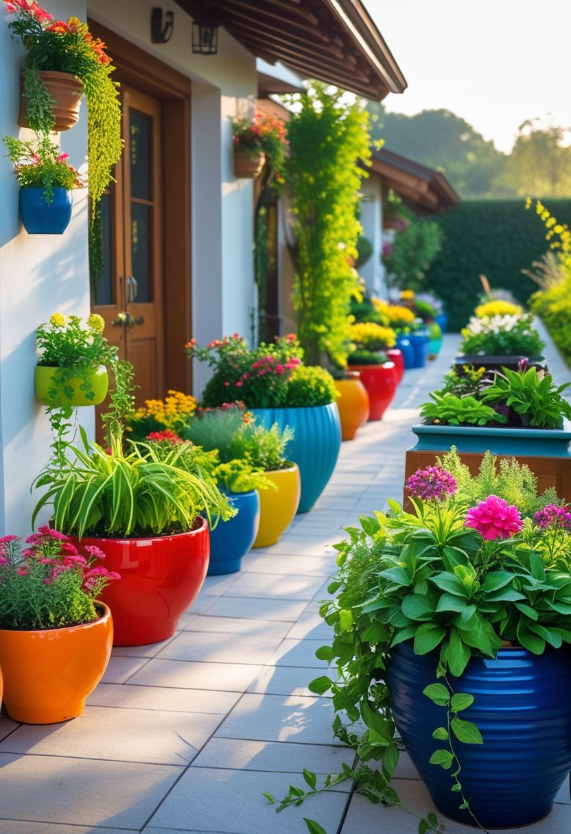 An outdoor entryway decorated with twenty colorful container gardens filled with various flowering plants and greenery.