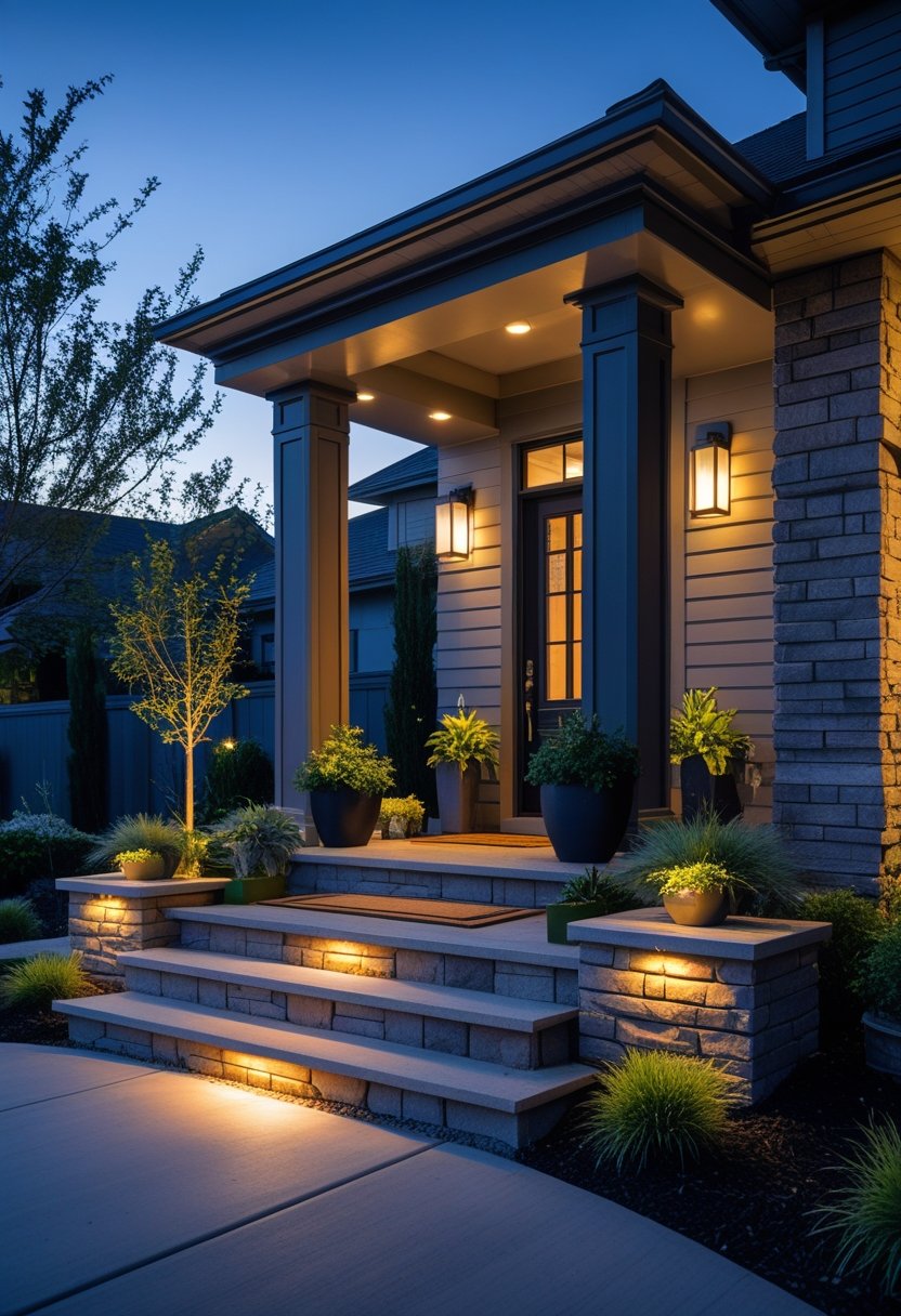 A residential front entryway at dusk illuminated by warm outdoor lights with plants and stone steps.