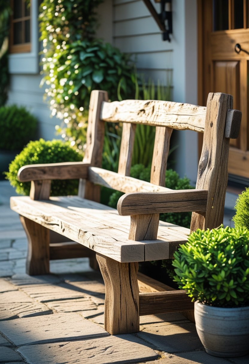 A rustic wooden bench placed outdoors in a garden entryway surrounded by plants and stone pathway.