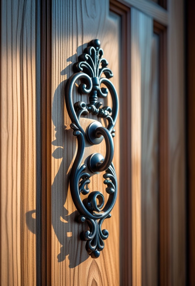 Close-up of a wrought iron door knocker on a wooden outdoor entryway door.