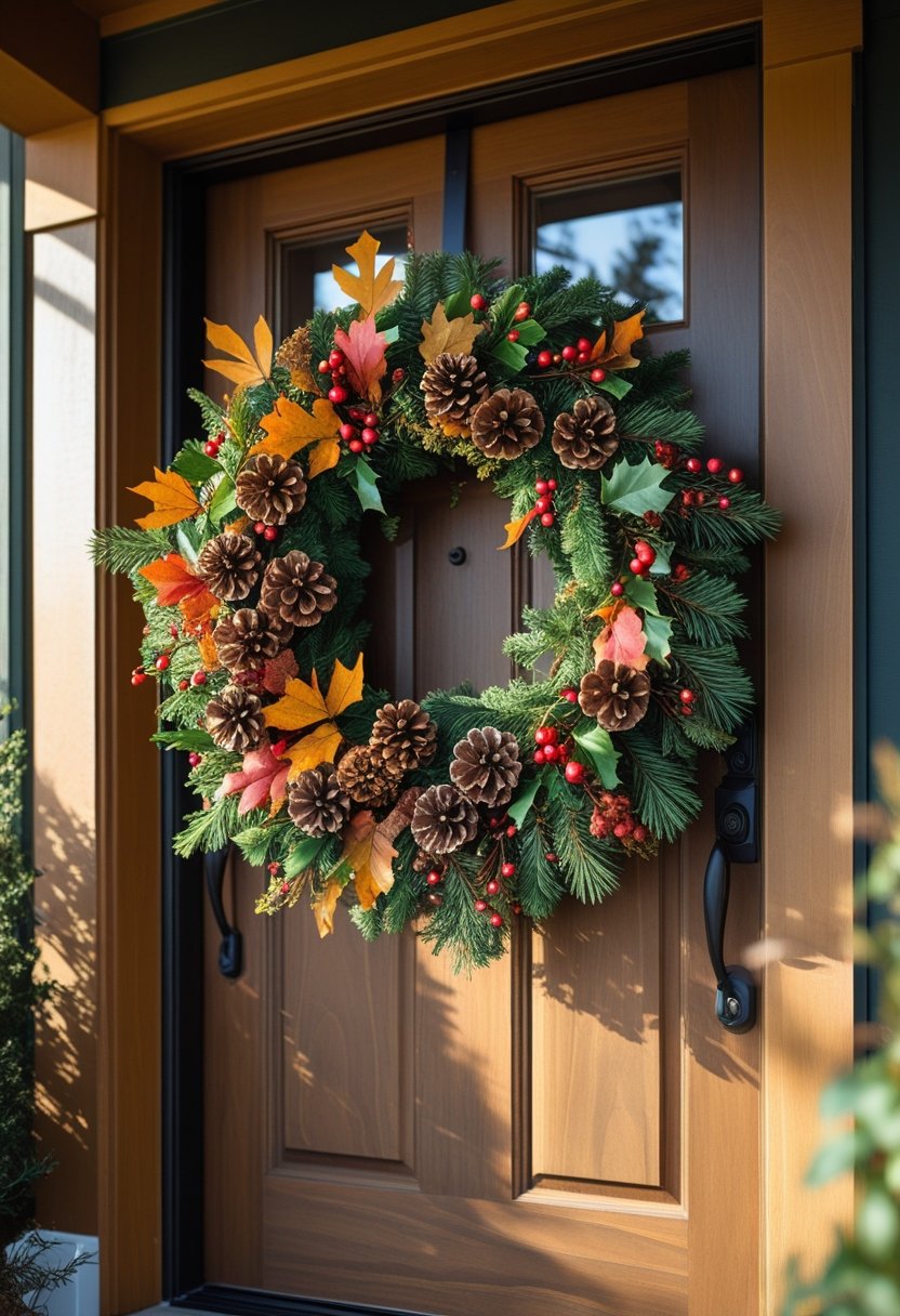 A seasonal wreath decorated with pine cones and berries hanging on a wooden front door in an outdoor entryway.