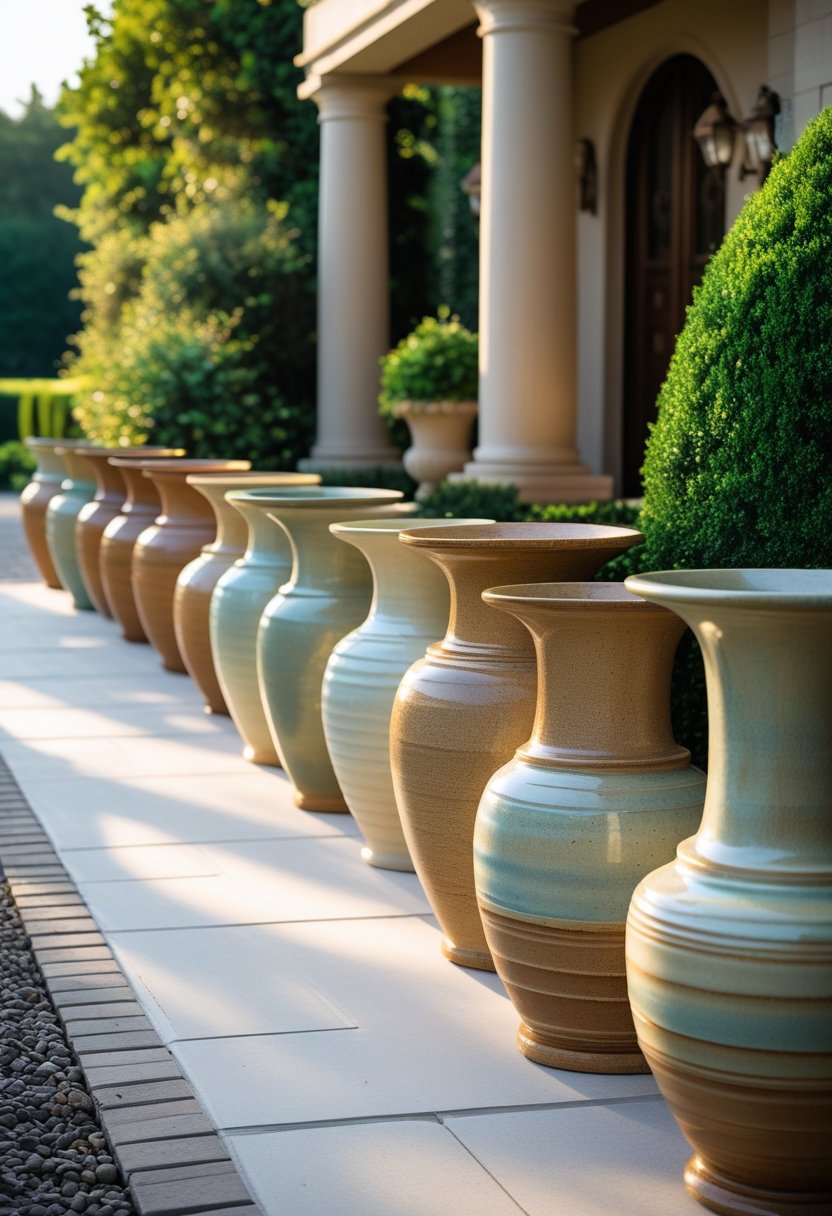 Twenty large ceramic urns arranged outdoors along a pathway leading to an entryway surrounded by greenery.