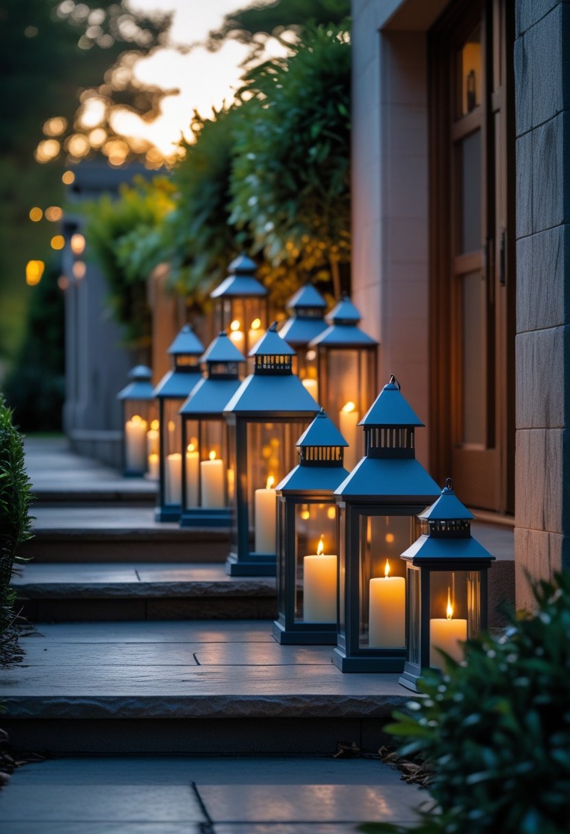 Outdoor entryway decorated with twenty lanterns containing lit candles, surrounded by greenery and stone steps.