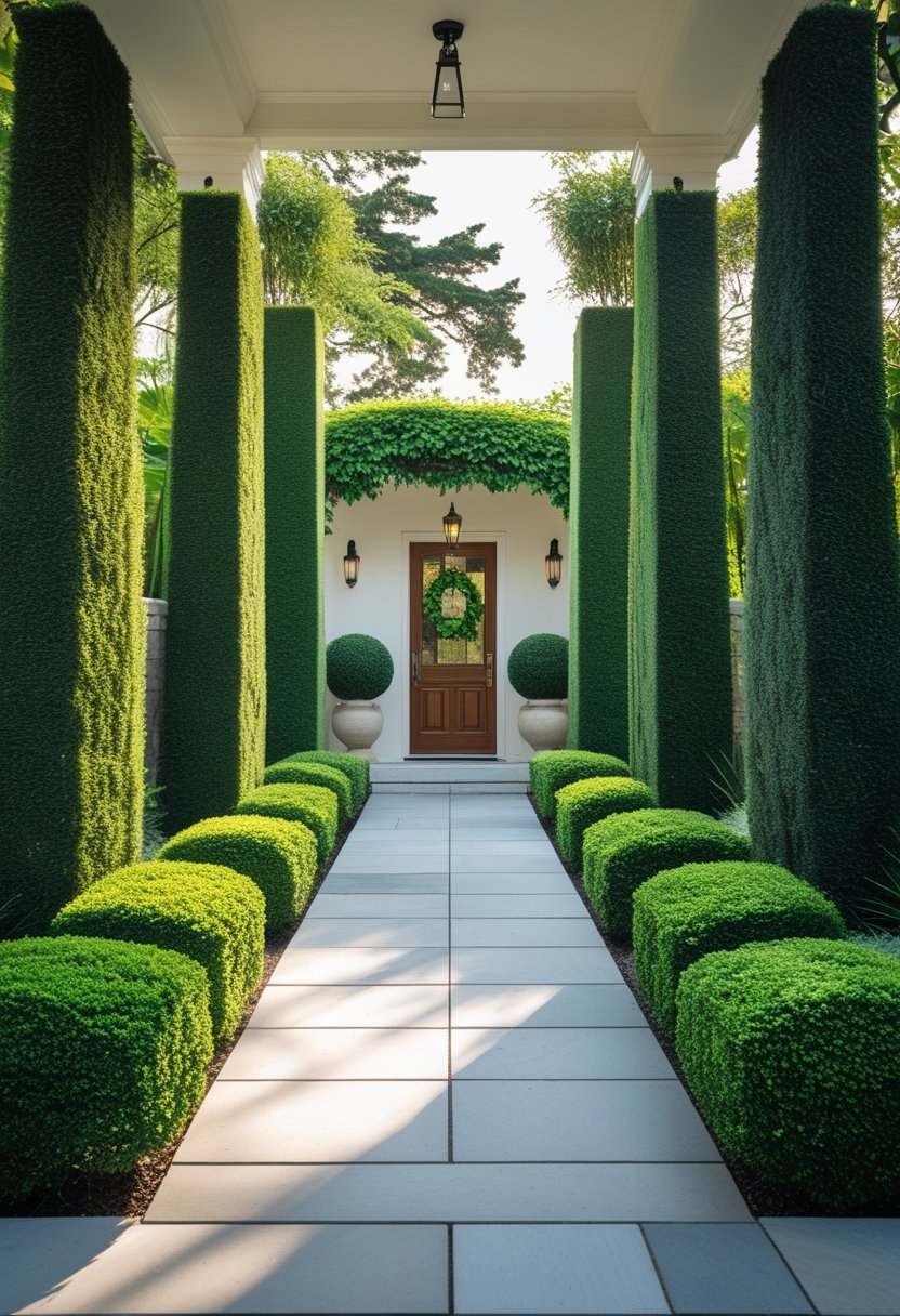 Outdoor entryway with symmetrical neatly trimmed green shrubs on both sides of a stone pathway leading to a front door.