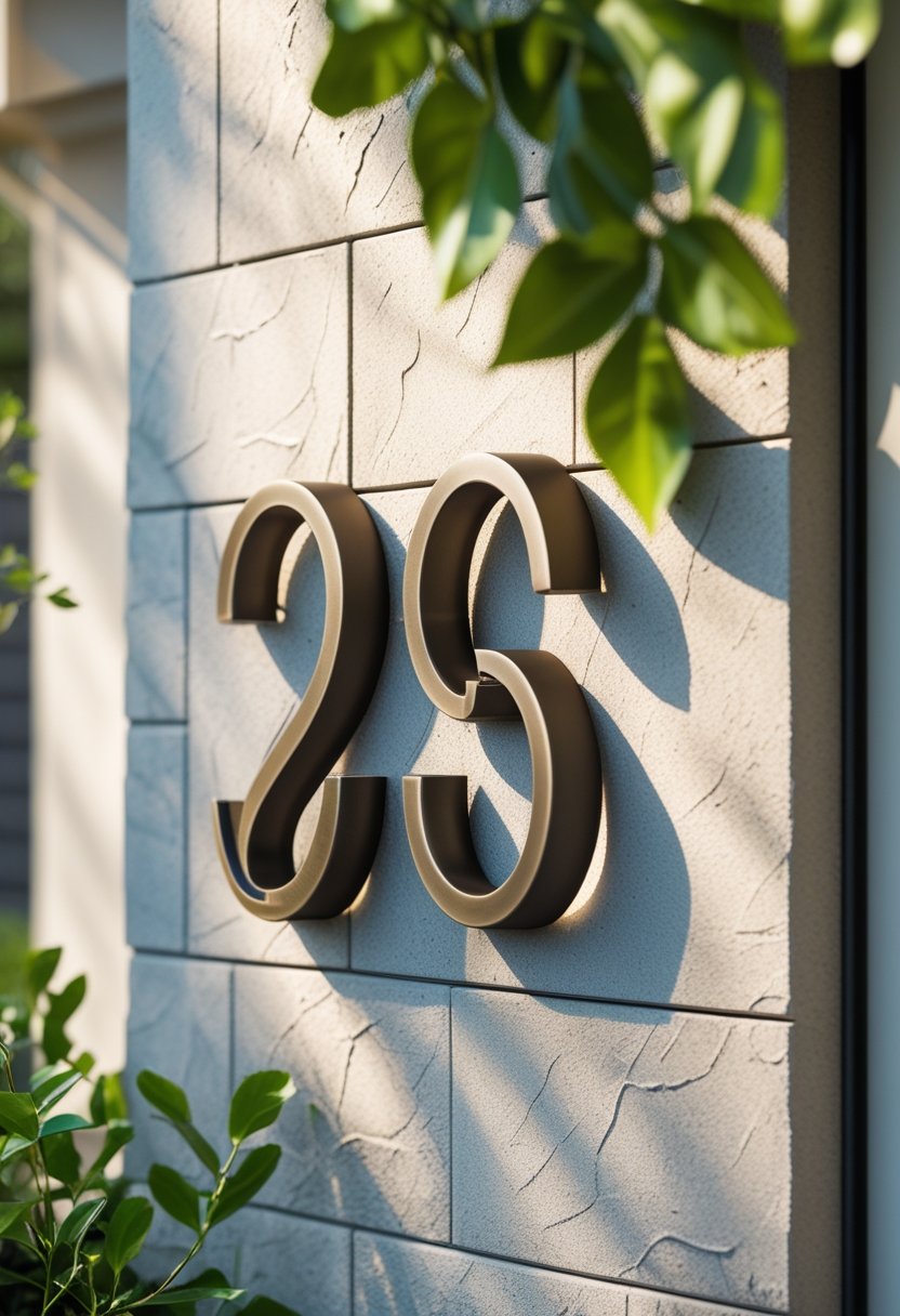 Outdoor entryway showing decorative house numbers twenty mounted on a textured wall with surrounding greenery.