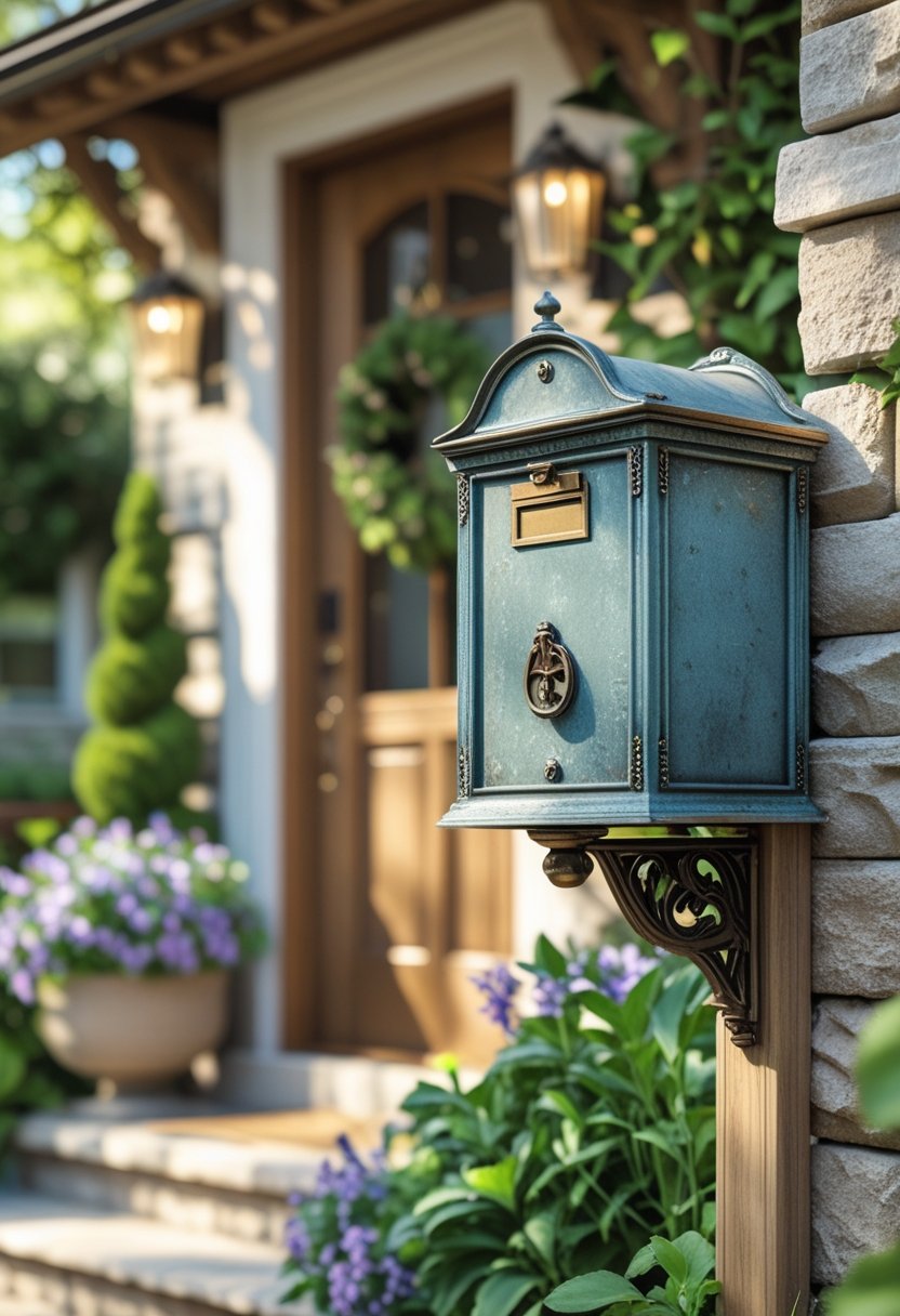 A vintage mailbox mounted outdoors near a front door surrounded by plants and entryway decor.