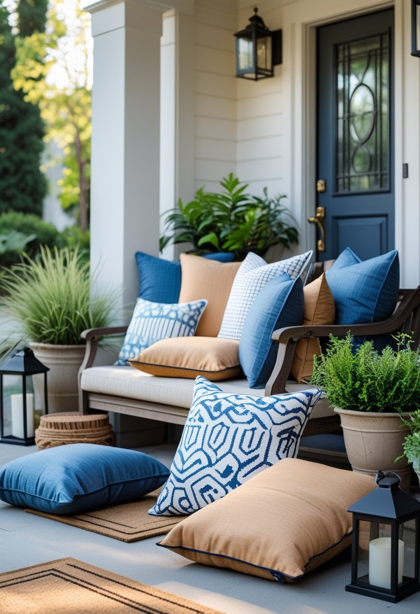 Outdoor entryway with a bench and 20 weather-resistant cushions arranged alongside potted plants and decorative lanterns.