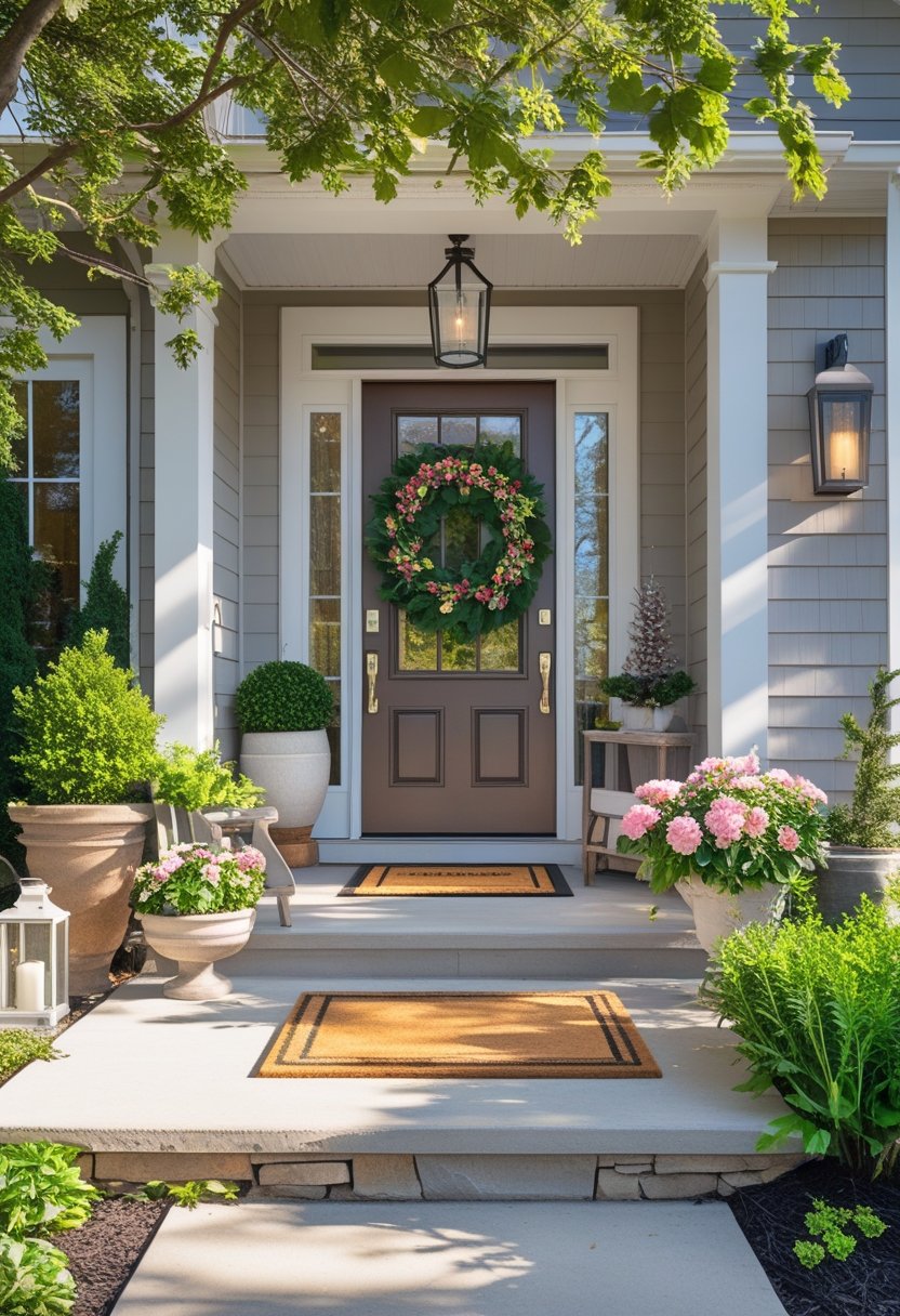 An inviting outdoor entryway decorated with plants, a doormat, lanterns, and a bench near a front door surrounded by greenery.