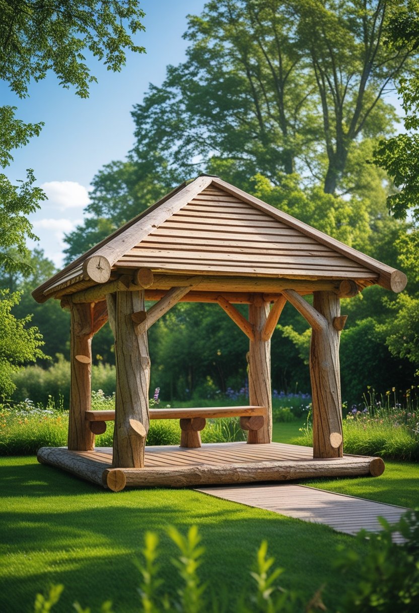 A wooden gazebo made from natural logs standing in a green garden with trees and grass around it.