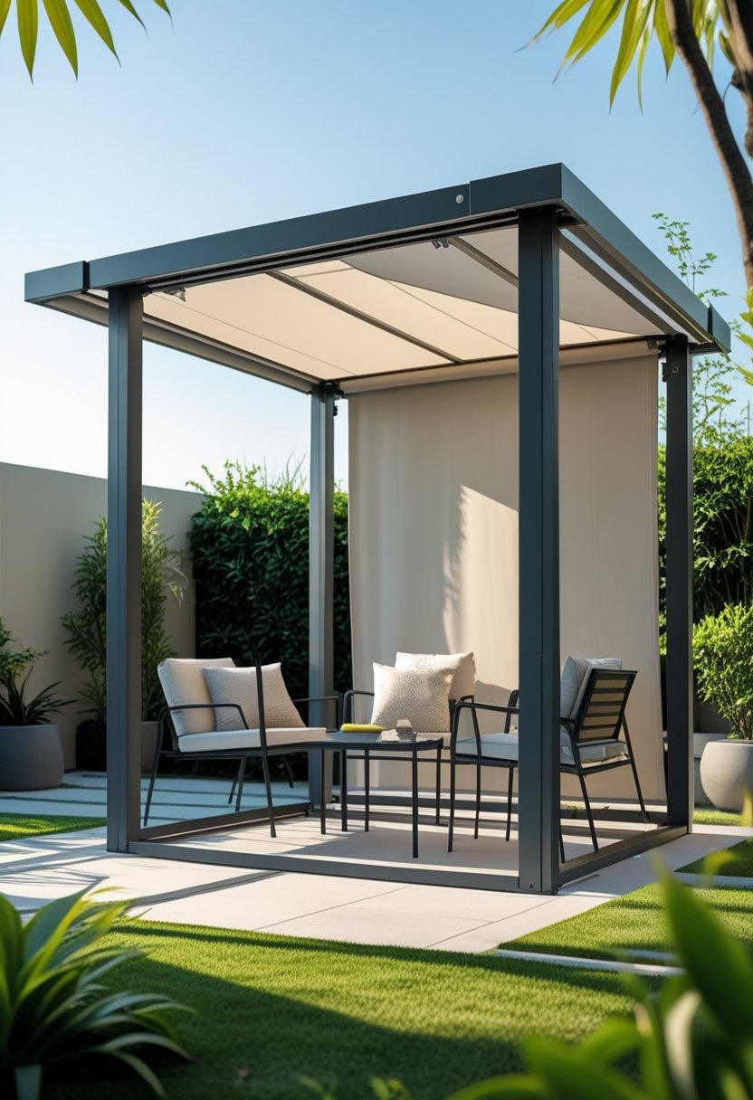 A modern metal frame gazebo with a partially extended retractable canopy in a green garden setting with outdoor furniture underneath.