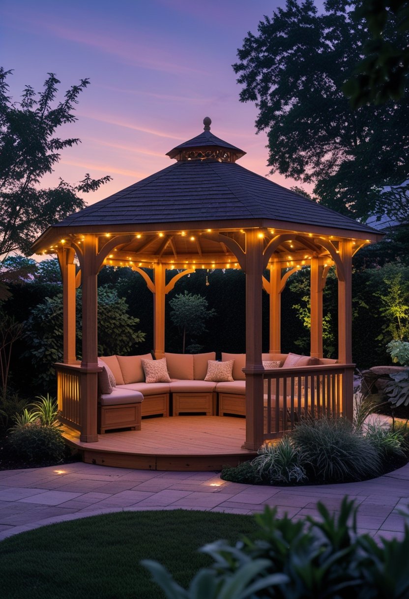 An outdoor wooden gazebo illuminated by string lights in a garden at dusk.