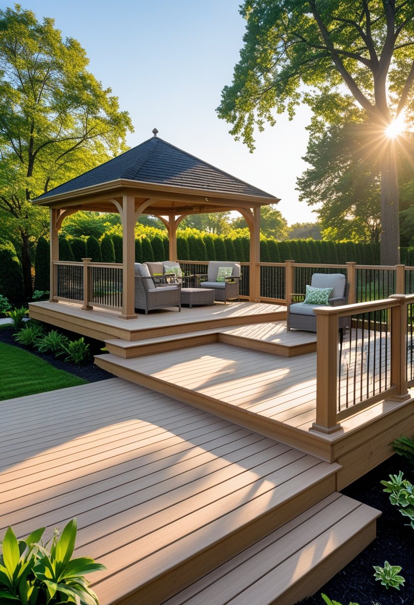 A multi-level wooden deck connected to a gazebo surrounded by trees and garden plants.