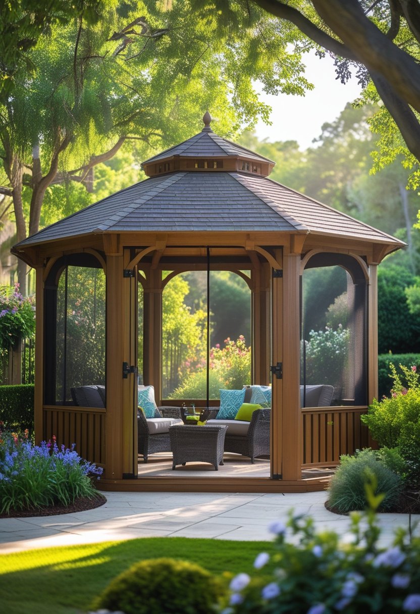An outdoor wooden gazebo with screened walls surrounded by greenery and garden plants.